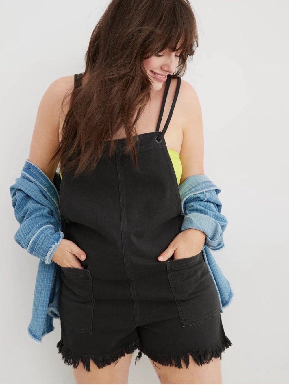 Aerie Boho Fringe Shorts Overalls Shortalls Double Strap Black Size Large